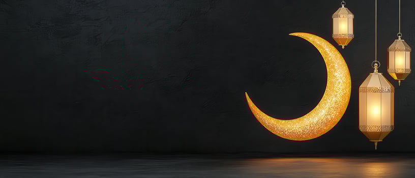Glittering crescent moon and lanterns in dark background photo