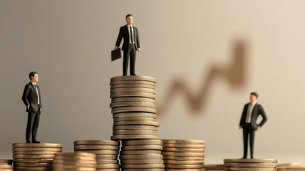 Miniature businessmen on stacked coins showing growth trend for benefit and profit concept photo