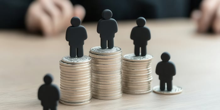 Businessmen posed on coin stacks demonstrating financial growth for benefit and profit concept photo