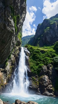 waterfall is flowing down a mountain side photo