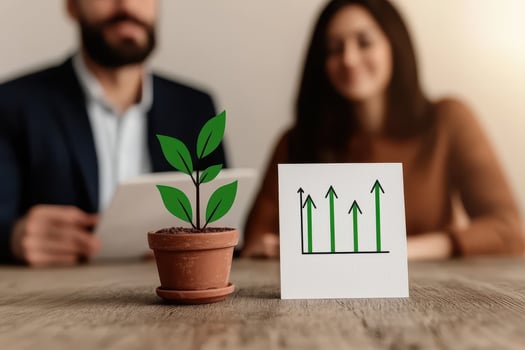 Business growth with plant and graph chart on wooden desk photo
