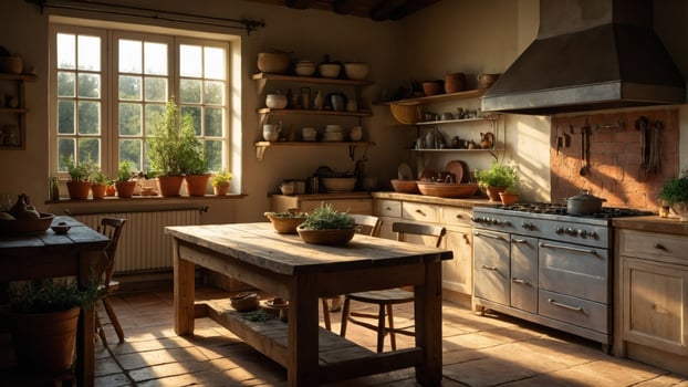Cozy rustic kitchen with wooden furniture, potted plants, and warm sunlight streaming through windows photo