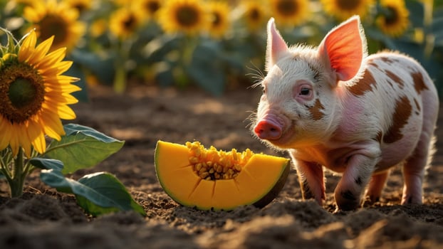 Playful piglet enjoying a slice of melon in a vibrant sunflower field during a sunny day photo