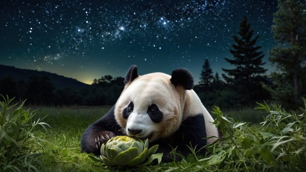 A giant panda peacefully munching on an artichoke under a starry night sky in a serene landscape photo