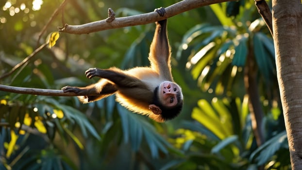 A playful monkey hanging from a tree branch in a lush green jungle, surrounded by vibrant foliage photo