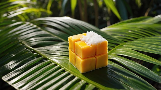 Vibrant mango dessert cube garnished with coconut on lush green palm leaves in a tropical setting photo