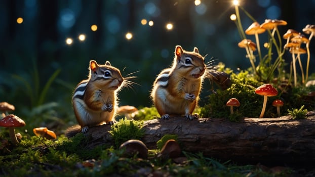 Two playful chipmunks exploring a vibrant forest floor filled with mushrooms and sparkling lights photo