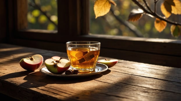 Cozy autumn scene featuring a glass of apple cider with sliced apples on a wooden table by a window photo