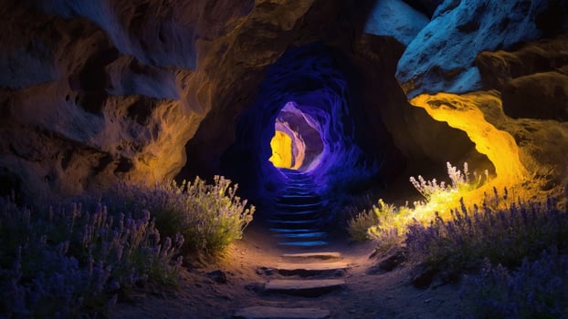 Serene cave pathway illuminated by colorful lights, surrounded by lavender flowers, creating a tranquil atmosphere photo
