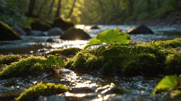 Serene riverbank scene with sunlight filtering through trees, showcasing lush green moss and a leaf photo