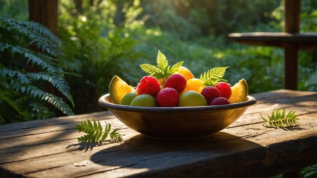 A vibrant bowl of assorted fruits including raspberries, lemons, and melons, set on a rustic wooden table in a lush green garden with sunlight filtering through the trees photo