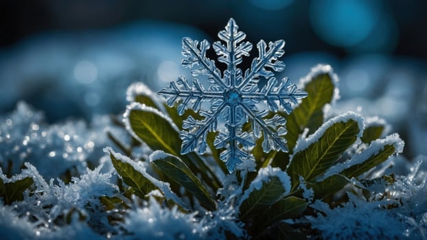 Intricate snowflake resting on green leaves, surrounded by frost, capturing winter's beauty photo