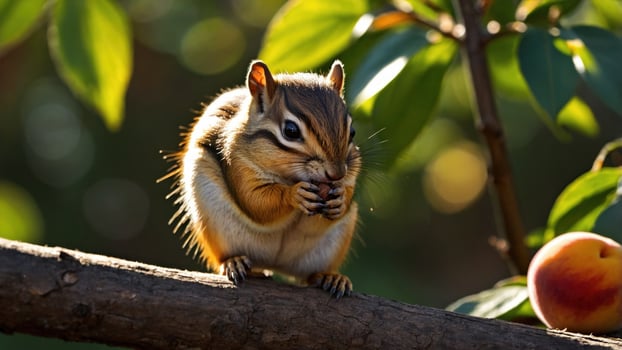 A chipmunk sitting on a branch, enjoying a nut, surrounded by vibrant green leaves and soft sunlight photo