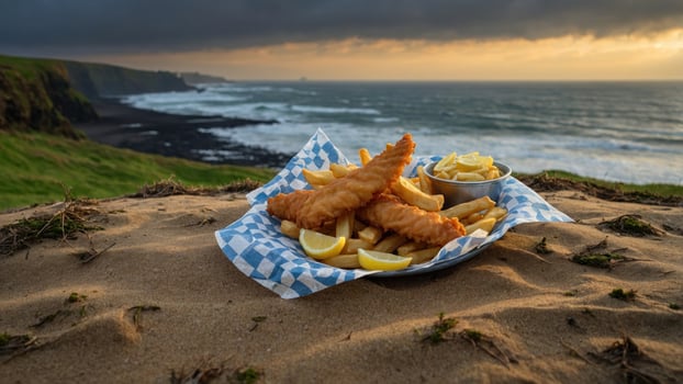 Freshly fried fish and chips served on a scenic beach at sunset with ocean waves in the background photo