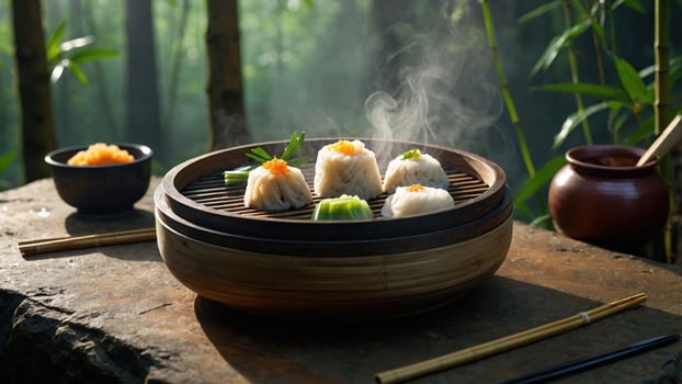 Steaming dumplings served on a wooden table in a serene forest setting surrounded by bamboo photo