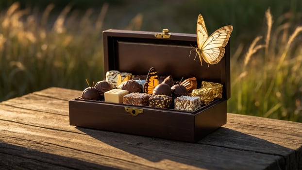 A beautifully arranged wooden box filled with assorted chocolates, with butterflies fluttering nearby in a serene outdoor setting photo