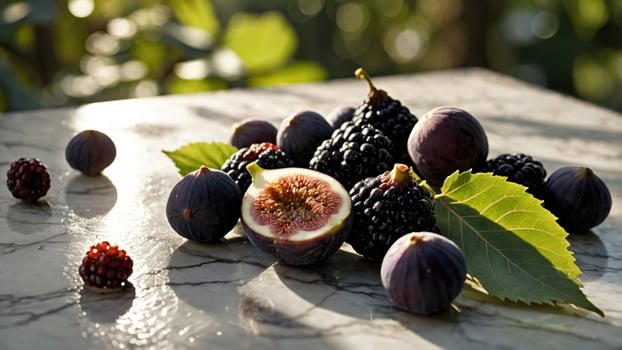 Freshly harvested figs and blackberries arranged on a marble table with blurred greenery in background photo