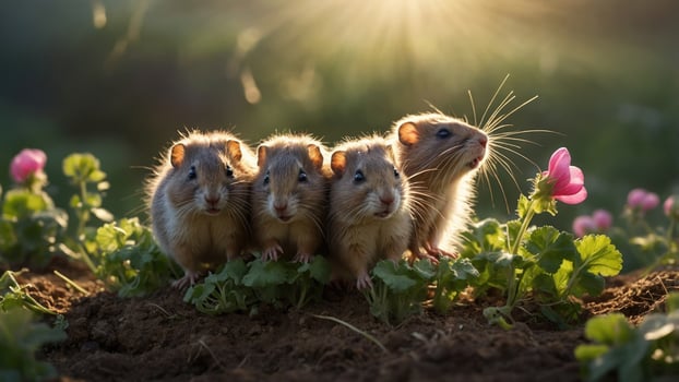 Four adorable hamsters standing together on a garden bed surrounded by vibrant flowers at sunset photo