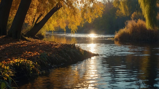 Tranquil autumn river scene with golden leaves, shimmering water, and soft sunlight reflecting photo