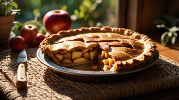 Freshly baked apple pie on a rustic table with apples and greenery in the background, evoking warmth photo