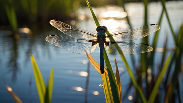 Dragonfly perched on a green blade of grass by a shimmering water surface during sunset photo