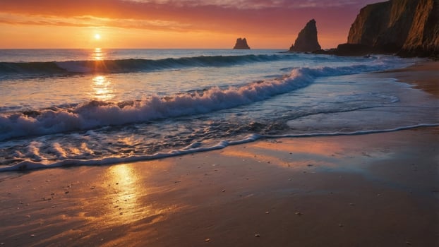 Serene sunset over a tranquil beach with gentle waves lapping at the shore and distant cliffs photo