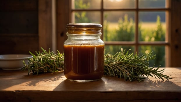 Glass jar filled with rich brown sauce on a wooden table, surrounded by rosemary, sunlight streaming in photo