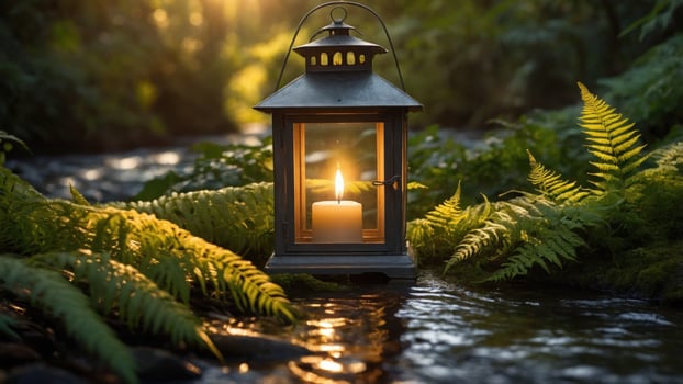 Tranquil lantern glowing beside a serene stream, surrounded by lush ferns in a peaceful forest setting photo