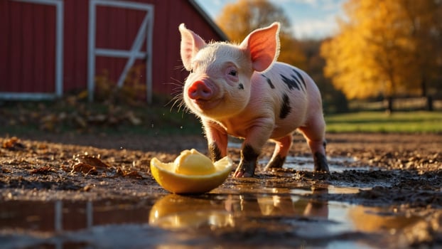Playful piglet enjoying a slice of lemon in a sunny farmyard with a red barn and autumn trees photo