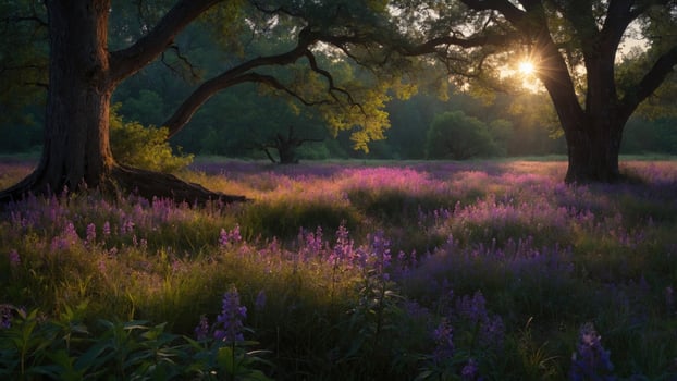 Serene sunrise over a vibrant field of wildflowers, with majestic trees framing the scene photo