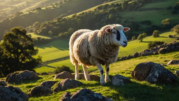 A sheep grazing on a hillside surrounded by rocks, with lush green fields and rolling hills in the background photo
