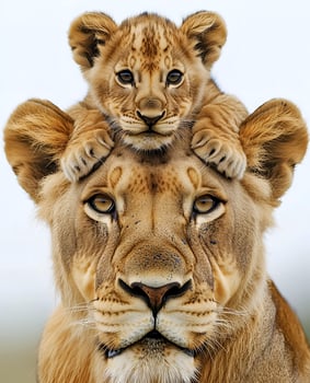 Tender moment between lioness and cub with cub perched on her head showing animal affection and family bond photo