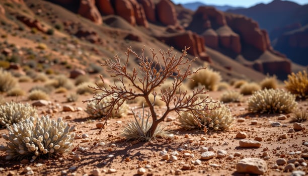 a dry, brittle bush standing against red canyon walls under the harsh midday sun, in absolute isolation. photo