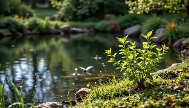 a green bush growing beside a still, reflective pond in a hidden glade, without a single sound or presence. photo