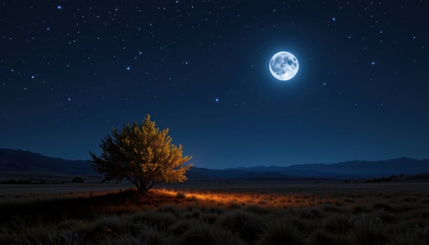 a single bush glowing under starlight in the middle of a moonlit clearing, utterly alone. photo