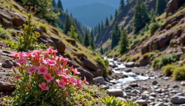 a vibrant bush blooming beside a dried stream in the middle of a forested gorge. photo