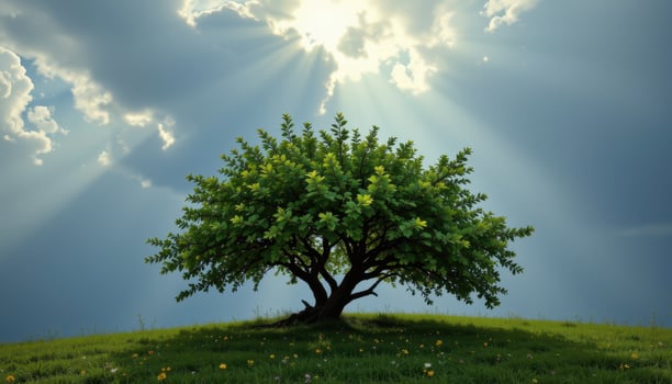 a green bush in a pool of sunlight breaking through dense clouds, alone in the vastness. photo