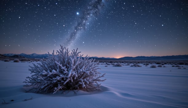 a frost covered bush beneath a star filled sky on a frozen steppe. photo