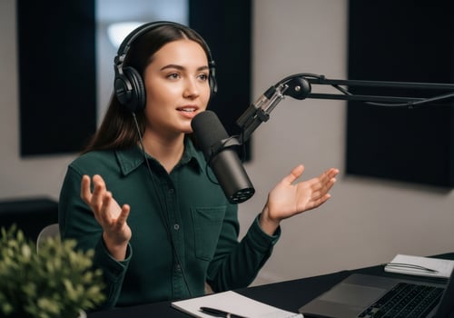 Gen Z content creator broadcasting live podcast in modern sound studio photo