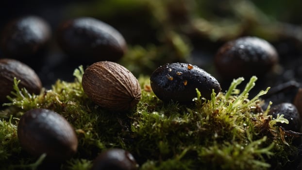 Close-up of various seeds resting on vibrant green moss, showcasing nature's diversity and texture photo