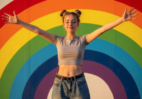 Gen Z embraces positivity with rainbow backdrop, a colorful symbol of hope photo