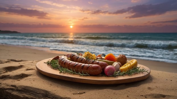 Grilled sausages and colorful vegetables on a wooden platter at sunset on a beach with waves photo