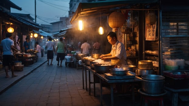 Evening street food market with a vendor cooking, surrounded by bustling shoppers and glowing lanterns photo