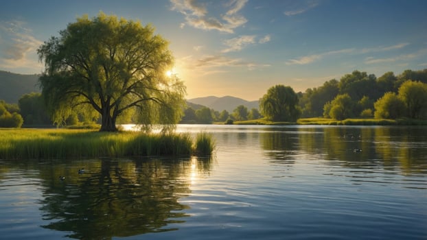 Serene sunset over a tranquil lake with lush greenery and distant mountains in the background photo