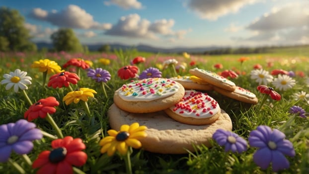 Colorful cookies decorated with frosting and sprinkles resting on grass among vibrant flowers under a sunny sky photo