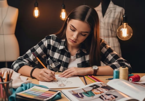 Gen Z fashion designer sketching clothing in her studio with passion and ambition photo
