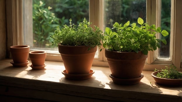 Sunlight streaming through a window illuminates potted herbs on a rustic wooden sill, showcasing vibrant green foliage photo