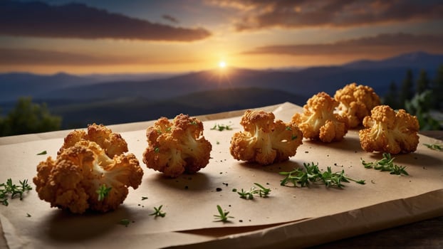 Golden roasted cauliflower florets arranged on parchment paper with a stunning sunset backdrop photo
