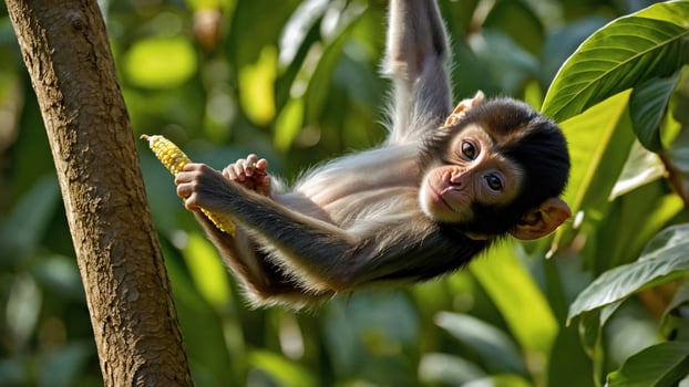 A baby monkey hanging from a tree branch photo