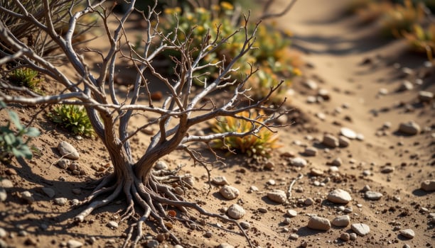 a dry, twisted bush rooted in cracked clay beside a long forgotten trail. photo